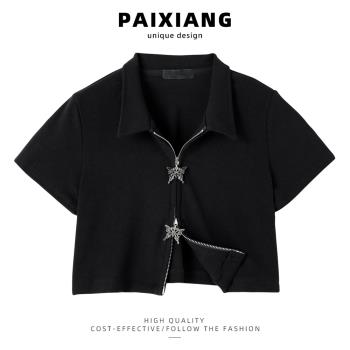 PAIXIANG/黑色POLO領短袖襯衫女夏季新款蝴蝶雙頭拉鏈別致襯衣