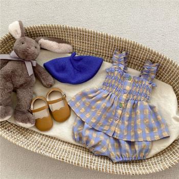 夏季女寶寶滿月格子套裝洋氣無袖娃娃衫+花苞短褲兩件套周歲衣服