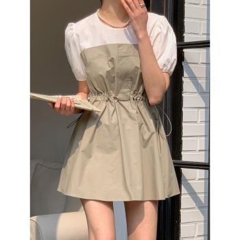 韓國chic夏季法式小眾拼色假兩件氣質時尚收腰泡泡袖短裙連衣裙女