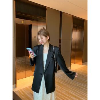 夏季涼感飄飄西裝設計感黑白雙色薄款外套設計款高級感緞面西服