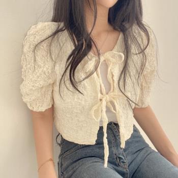 韓國chic夏季新款甜美系帶v領長袖防曬衫薄款上衣空調衫短外套女