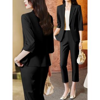 黑色西裝外套女夏季薄款2023新款小個子七分袖職業正裝西服套裝