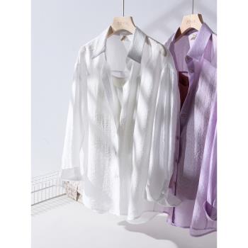 防曬襯衣夏季寬松大碼薄款天絲白色襯衫2023新款女ol法式紫色上衣
