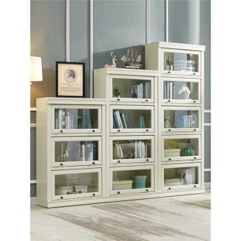 美式實木書柜儲物收納柜簡約現代輕奢落地玻璃門書櫥兒童防塵書架