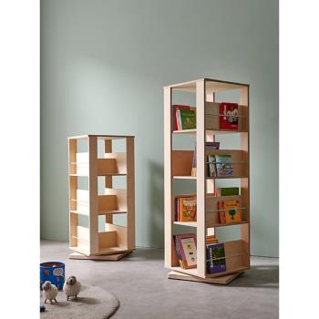 旋轉書架360度書柜實木置物架落地閱讀區寶寶繪本架 兒童松木書柜