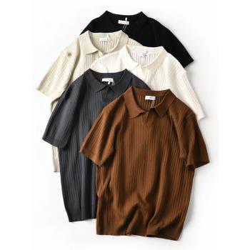 外貿原單古巴領針織肌理純色商務休閑POLO衫男士夏季短袖T恤0647
