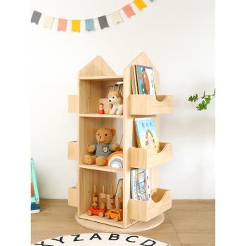 兒童旋轉書架360度書柜家用創意寶寶繪本架閱讀區純實木書柜落地