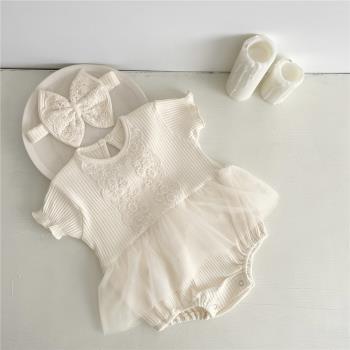 INS款夏款嬰幼兒網紗包屁衣女寶寶滿月公主蕾絲連體衣配發帶
