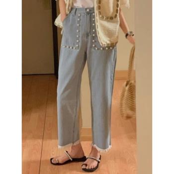 韓國東大門2023夏裝新款時尚珍珠顯瘦松緊高腰闊腿牛仔褲女長褲