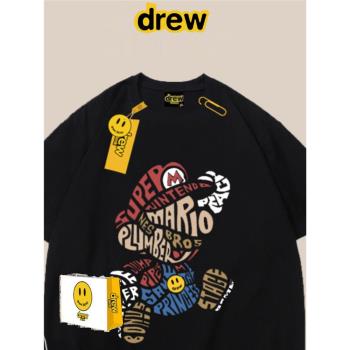 Drew潮牌笑臉卡通短袖t恤男女歐美高街寬松純棉情侶裝半袖上衣ins