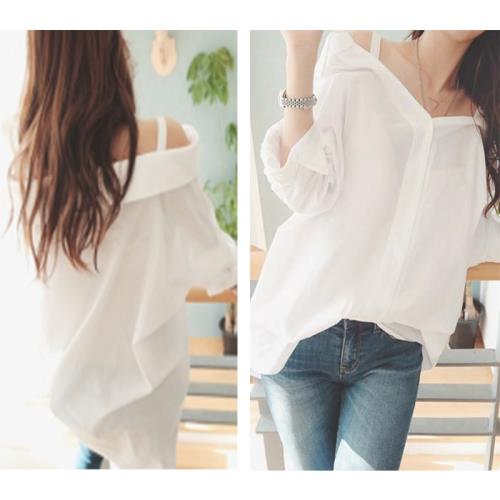 寬松中長款吊帶白襯衫2024性感露肩一字領長袖襯衣大碼氣質襯衫女