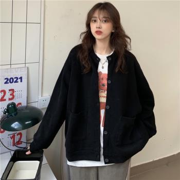 衛衣女春秋2023年新款韓版寬松慵懶風單排扣長袖黑色開衫外套上衣