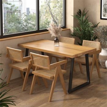侘寂風餐桌椅組合休閑咖啡廳長方形四方桌商用餐飲飯店實木長條桌