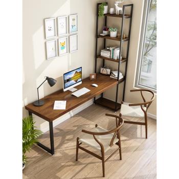 美式實木書桌書架一體組合家用寫字桌臥室長條桌角落帶書柜電腦桌