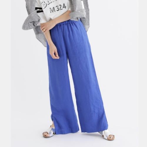 夏季日系JS-R小眾高腰抽繩寬松直筒100%純亞麻開叉通勤休閑長褲