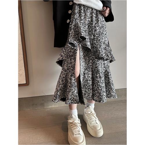 復古碎花半身裙女秋季高腰設計感不規則開叉中長裙寬松顯瘦魚尾裙