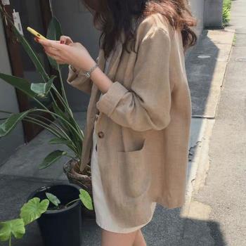 網紅春季韓國寬松亞麻西裝外套