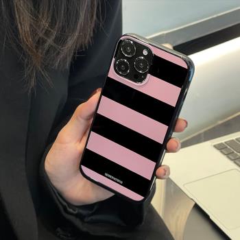 蘋果13手機殼ins風小清新簡約粉色黑色條紋女款夏天小紅書同款硅膠創意個性高級潮牌情侶iphone14promax軟殼
