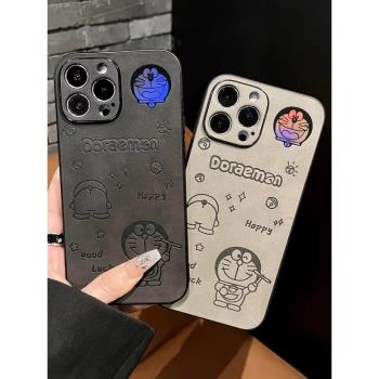 適用蘋果14promax手機殼新款14pro多啦a夢iPhone15防摔13pro小羊皮12矽膠11男高級感16pro簡約小眾防滑保護套
