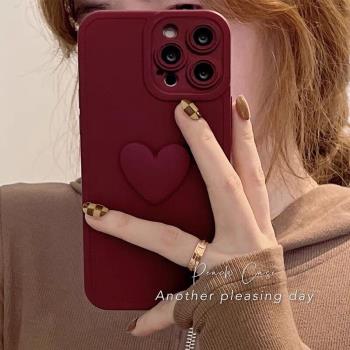 酒紅色立體愛心適用于iphone8手機殼13簡約瞳眼xsmax全包xr/8plus蘋果14pro pro硅膠軟殼14plus女