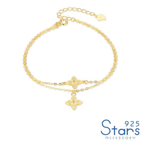【925 STARS】純銀925微鑲美鑽清新十字花朵雙層造型手鍊 造型手鍊 美鑽手鍊