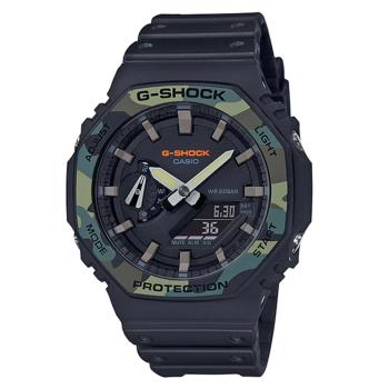 【CASIO】G-SHOCK 行家首選八角造型錶圈雙顯休閒錶-黑X迷彩(GA-2100SU-1A)