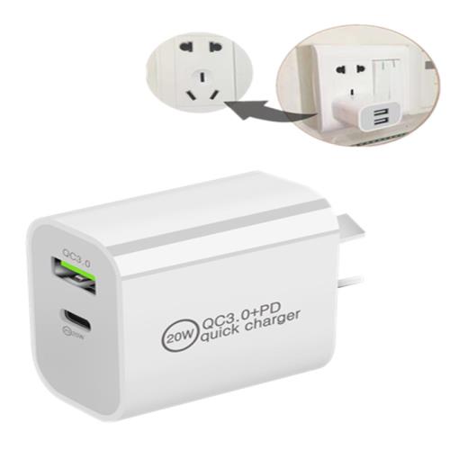20W 八字腳澳規充電頭PD雙口適用蘋果手機充電器三叉二腳三孔插座
