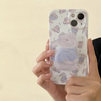 日韓卡通可愛紫色兔子支架iphone14promax蘋果13手機殼11新款12/14pro女xr小眾xs硅膠plus創意防摔軟殼保護套