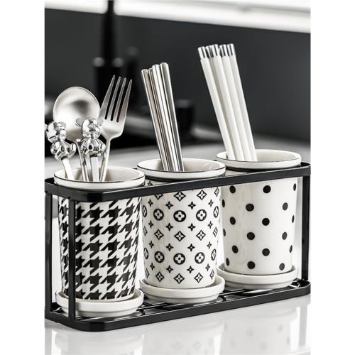 赫本風瀝水陶瓷筷子筒家用2023新款勺子簡約筷子收納盒廚房筷子籠