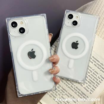 簡約純色方形直邊太空硬殼無線充電磁吸Magsafe蘋果13手機殼適用iPhone14promax鏡頭大孔12亞克力透明保護套