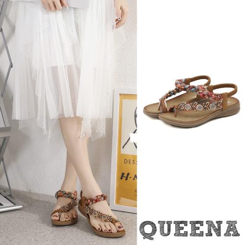 【QUEENA】涼鞋 夾腳涼鞋/波西米亞民族風蝴蝶美鑽串珠舒適夾腳涼鞋 棕