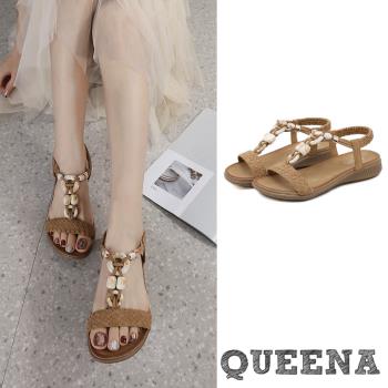 【QUEENA】涼鞋 平底涼鞋/波西米亞民族風復古編織仿玉石串珠工字平底涼鞋 棕