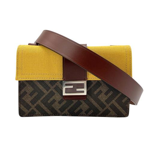 Fendi 展示品 Baguette 經典FF logo拼接小斜背(7M0295咖/黃)