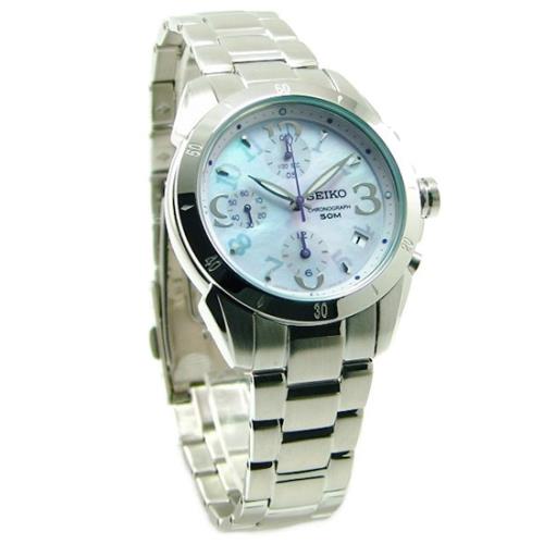 【SEIKO】精工 Criteria SNDZ29J1 珍珠貝面盤 數字 日期顯示 鋼錶帶 三眼計時女錶 7T92-0KC0C 藍紫色/銀 36mm