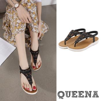 【QUEENA】涼鞋 厚底涼鞋/波西米亞民族風復古編織串珠夾腳厚底涼鞋 黑
