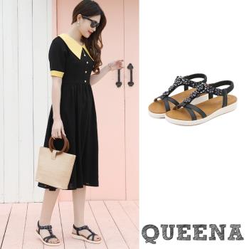 【QUEENA】涼鞋 厚底涼鞋/波西米亞民族風閃耀水晶花朵復古厚底涼鞋 黑