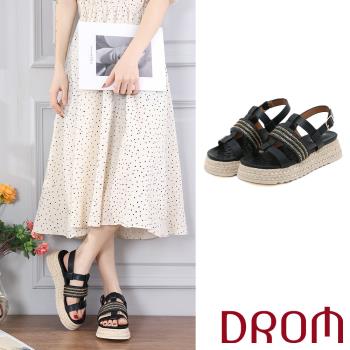 【DROM】涼鞋 厚底涼鞋/時尚歐美復古草編厚底編織金屬鍊飾造型涼鞋 黑