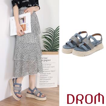 【DROM】涼鞋 厚底涼鞋/時尚歐美復古草編厚底編織金屬鍊飾造型涼鞋 藍