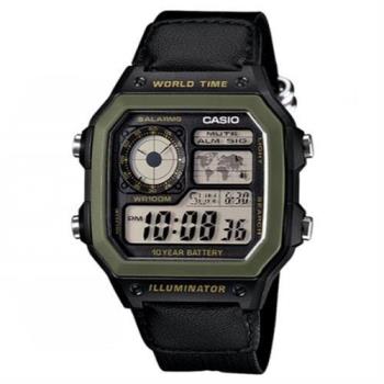 【CASIO 】十年之旅數位電子錶-綠框x黑帆布錶帶(AE-1200WHB-1B)