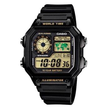 【CASIO】 世界地圖十年電力數位錶-黃面 (AE-1200WH-1B)