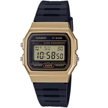 【CASIO】 運動小子電子錶-黑x金框 (F-91WM-9A)