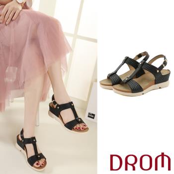 【DROM】涼鞋 坡跟涼鞋/極簡時尚歐美編織拼接工字造型坡跟涼鞋 黑