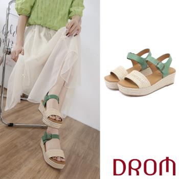 【DROM】涼鞋 厚底涼鞋/歐美時尚清新草編一字帶坡跟厚底涼鞋 綠