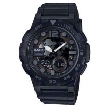 【CASIO】世界地圖設計造型概念雙顯錶-黑面(AEQ-100W-1B)