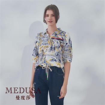 現貨【MEDUSA 曼度莎】黃藍版畫印花襯衫（M-2L）｜女上衣 女短袖上衣 女襯衫