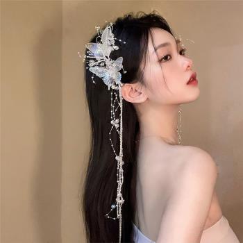 2022新款蝴蝶流蘇珍珠發夾女新娘婚紗頭飾仙美森系水晶發飾配飾