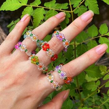 Elastic crystal bead ring flower ring female color彩色戒指