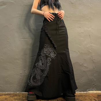 MSYOUCAN 新中式暗黑龍紋印花包臀魚尾長裙高腰綁帶設計感半身裙
