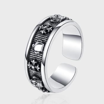 Jpqueen 復古十字皇冠男女個性風開口可調整銀飾戒指(銀色)