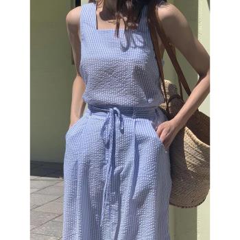 韓版chic夏季甜美條紋顯瘦方領無袖襯衫高腰遮胯A字半身裙兩件套